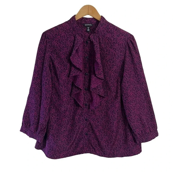George Purple Blouse XXL Floral Vines Pattern Ruffled Long Sleeves Button Up Top - Picture 1 of 7